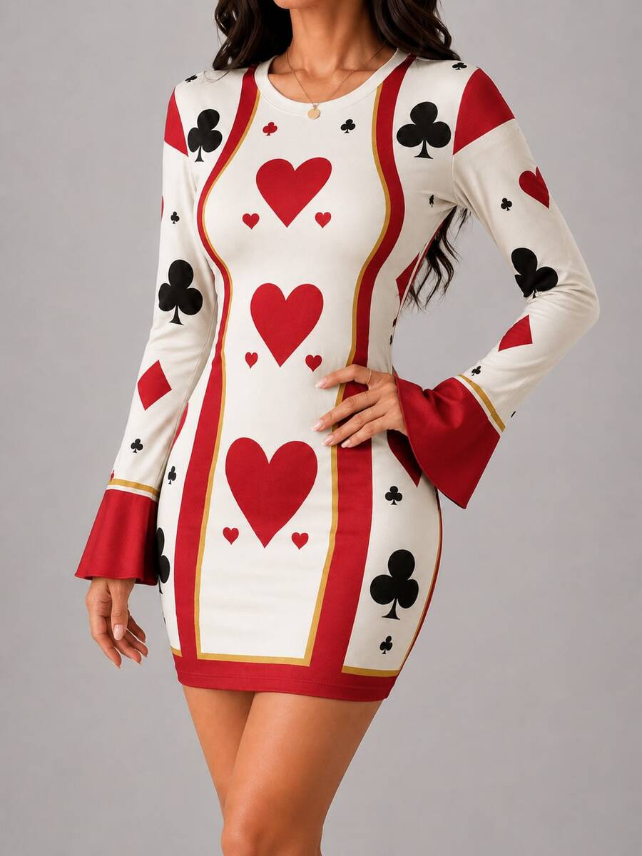 Front view of light blue Halloween ghost pumpkin web bell sleeve mini dress