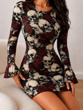 Front view of purple Halloween pumpkin bat web bell sleeve mini dress