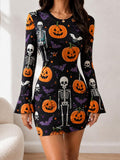 Front view of black Halloween ghost pumpkin web bell sleeve mini dress