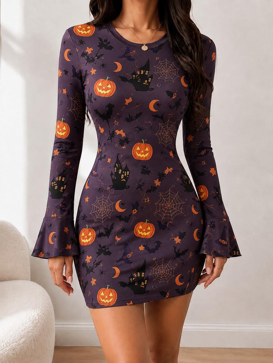 Front view of purple Halloween print bodycon mini dress