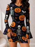 Front view of yellow sugar skull floral bell sleeve mini dress