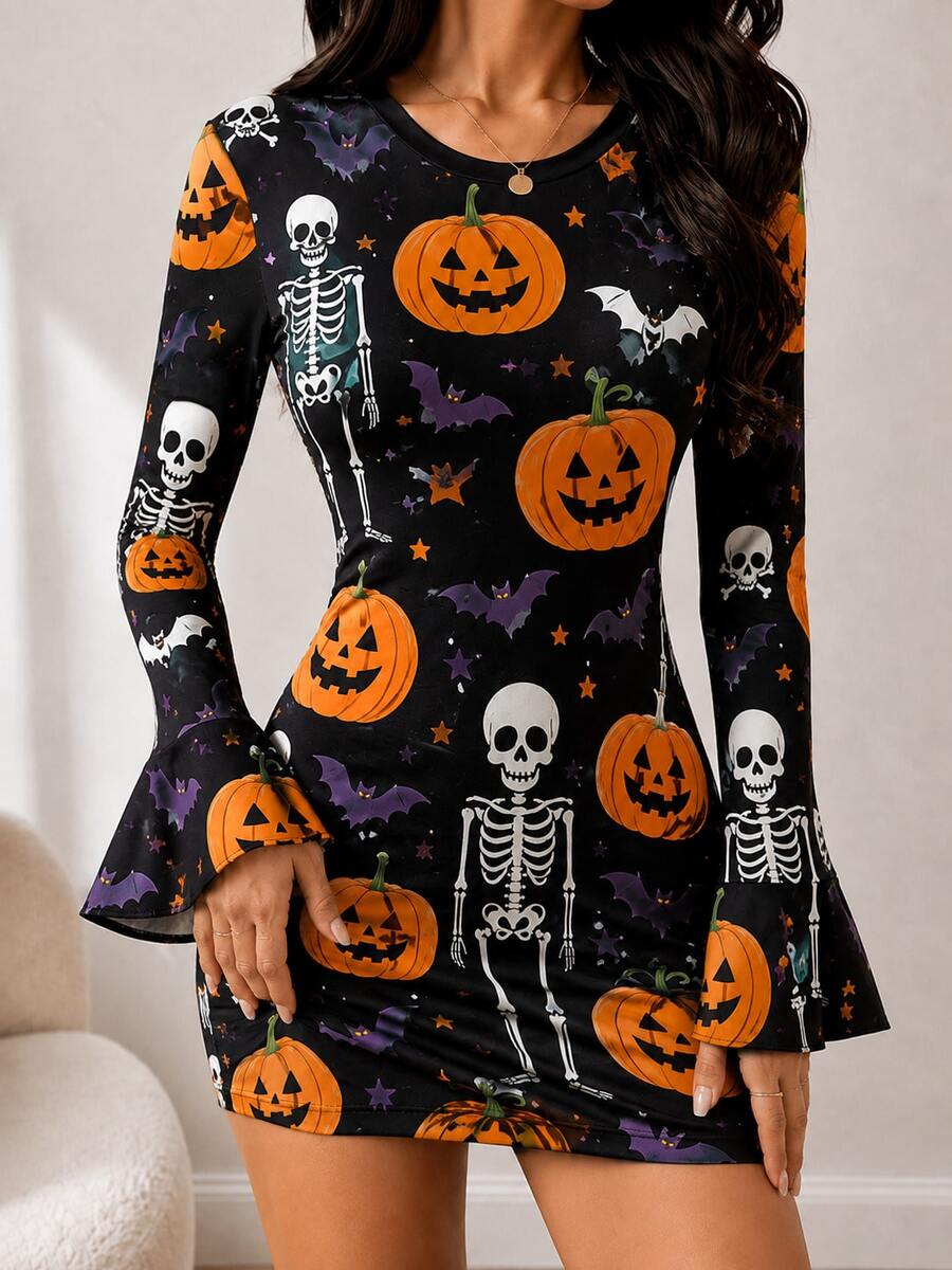 Front view of yellow sugar skull floral bell sleeve mini dress