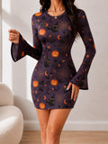 Front view of purple Halloween graphic bodycon mini dress