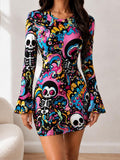 Front view of multicolor skeleton graffiti bodycon mini dress