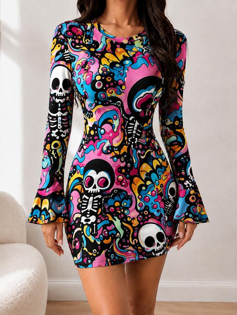 Front view of multicolor skeleton graffiti bodycon mini dress