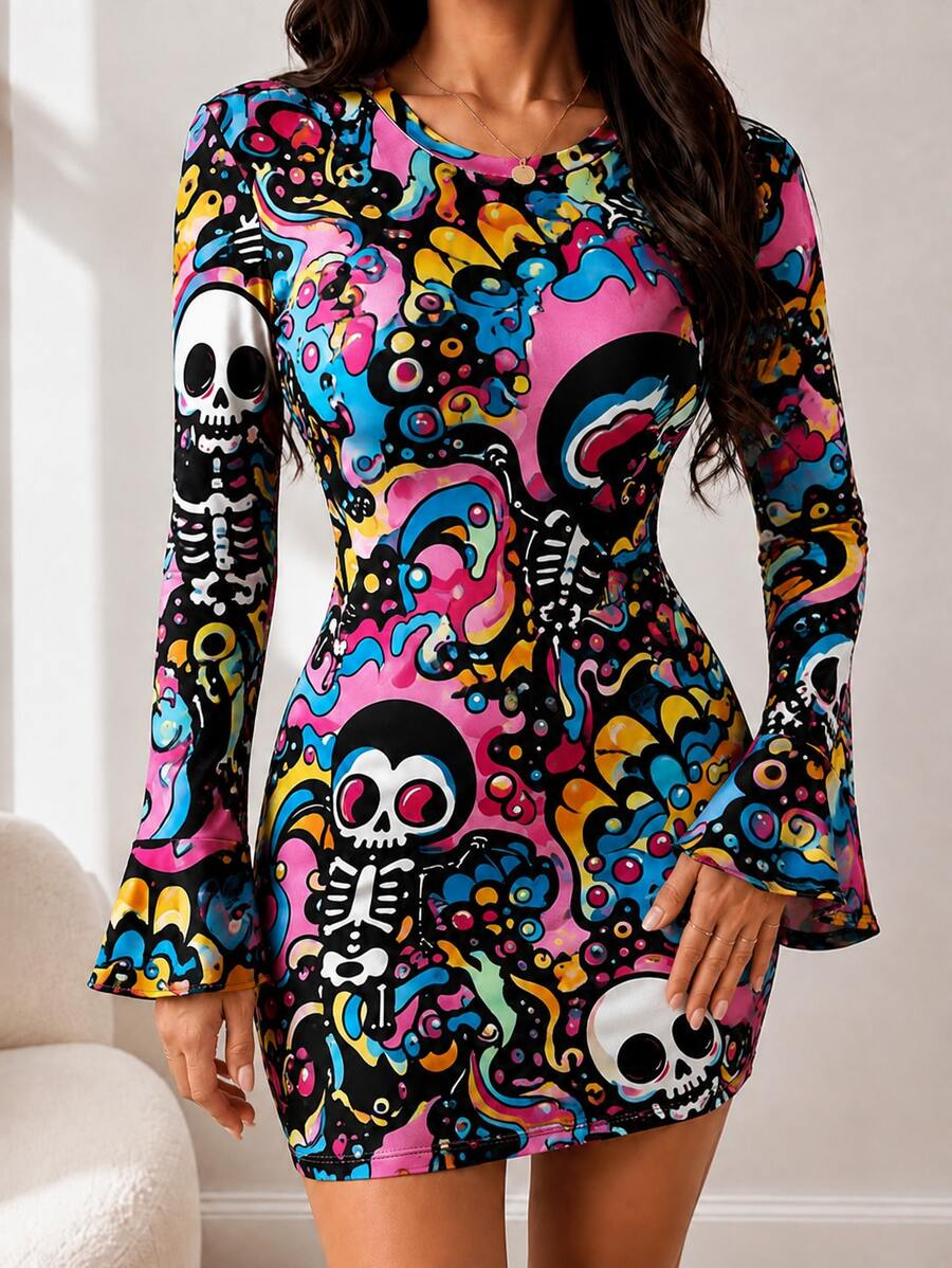Front view of multicolor skeleton graffiti bodycon mini dress