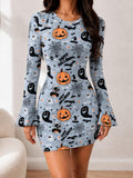 Front view of light blue Halloween print bodycon mini dress