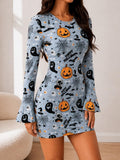 Angled front view of light blue Halloween print bodycon mini dress