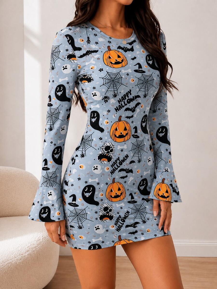Angled front view of light blue Halloween print bodycon mini dress
