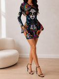 Front view of black white sunflower skull bell sleeve bodycon mini dress