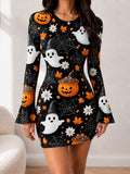 Front view of black ghost Halloween print bodycon mini dress