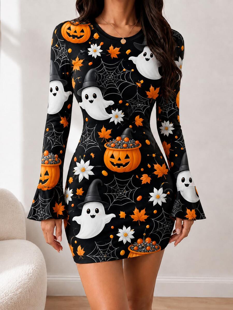Front view of black ghost Halloween print bodycon mini dress