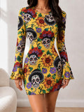 Front view of yellow sugar skull floral bodycon mini dress