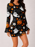 Angled front view of black ghost Halloween print bodycon mini dress