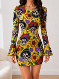 Front view of yellow sugar skull floral bodycon mini dress
