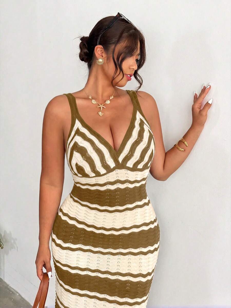front close view of colorblock striped sleeveless knit midi dress