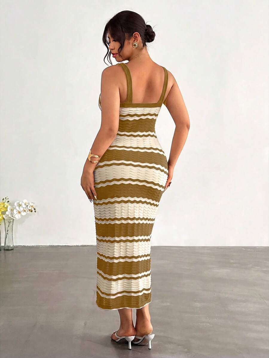 upper front view of colorblock striped sleeveless knit midi dress