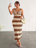 upper front view of colorblock striped sleeveless knit midi dress