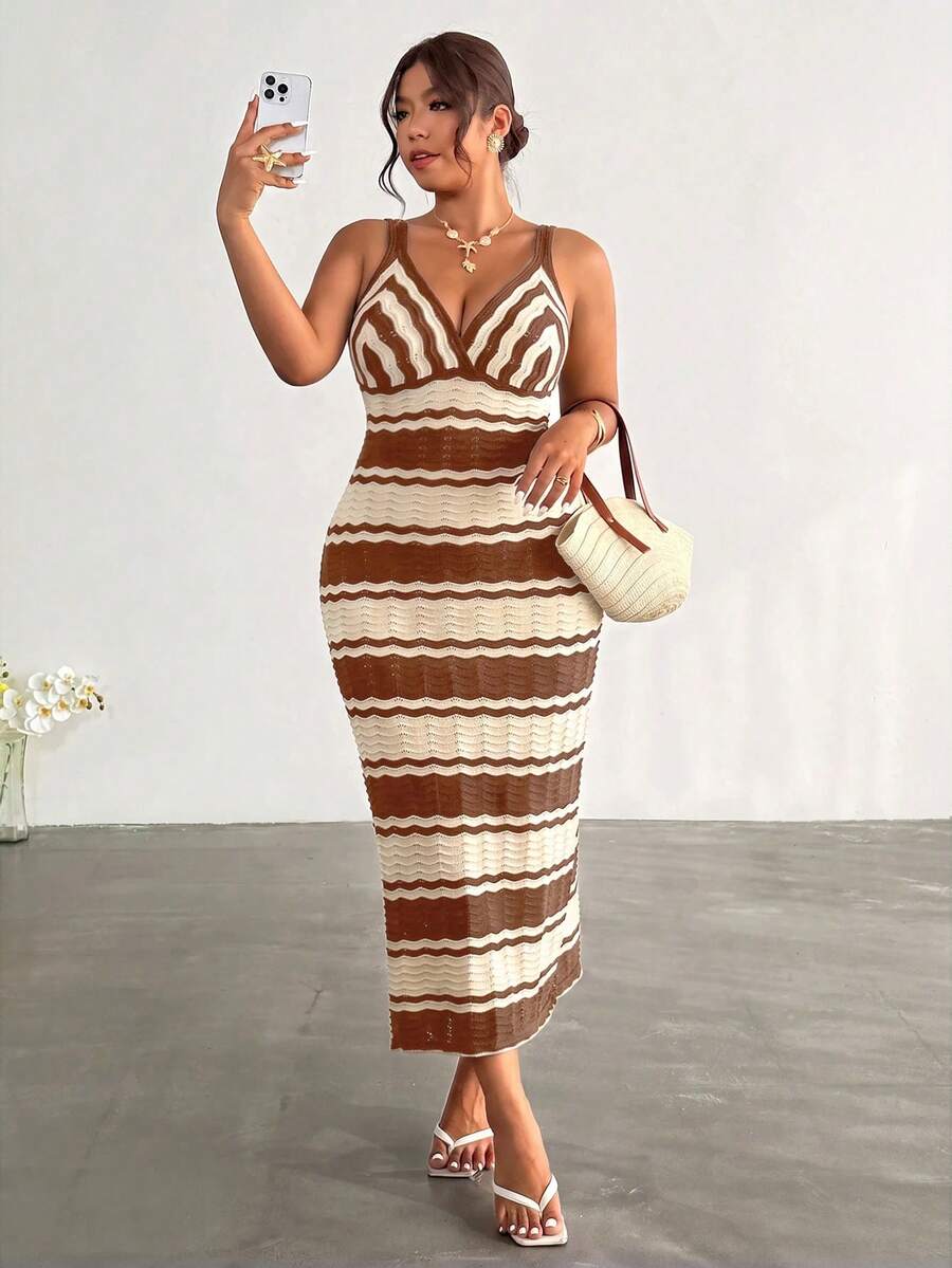 upper front view of colorblock striped sleeveless knit midi dress