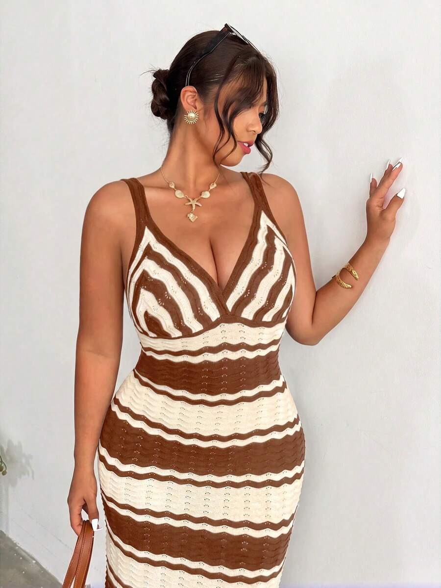 back full view of colorblock striped sleeveless knit midi dress