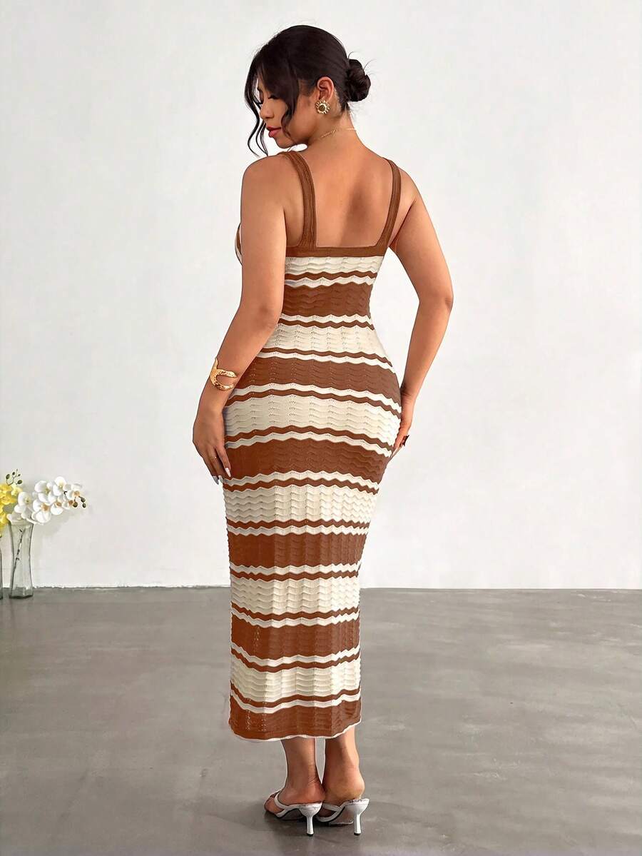 front full view of colorblock striped sleeveless knit midi dress