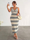 front full view of colorblock striped sleeveless knit midi dress
