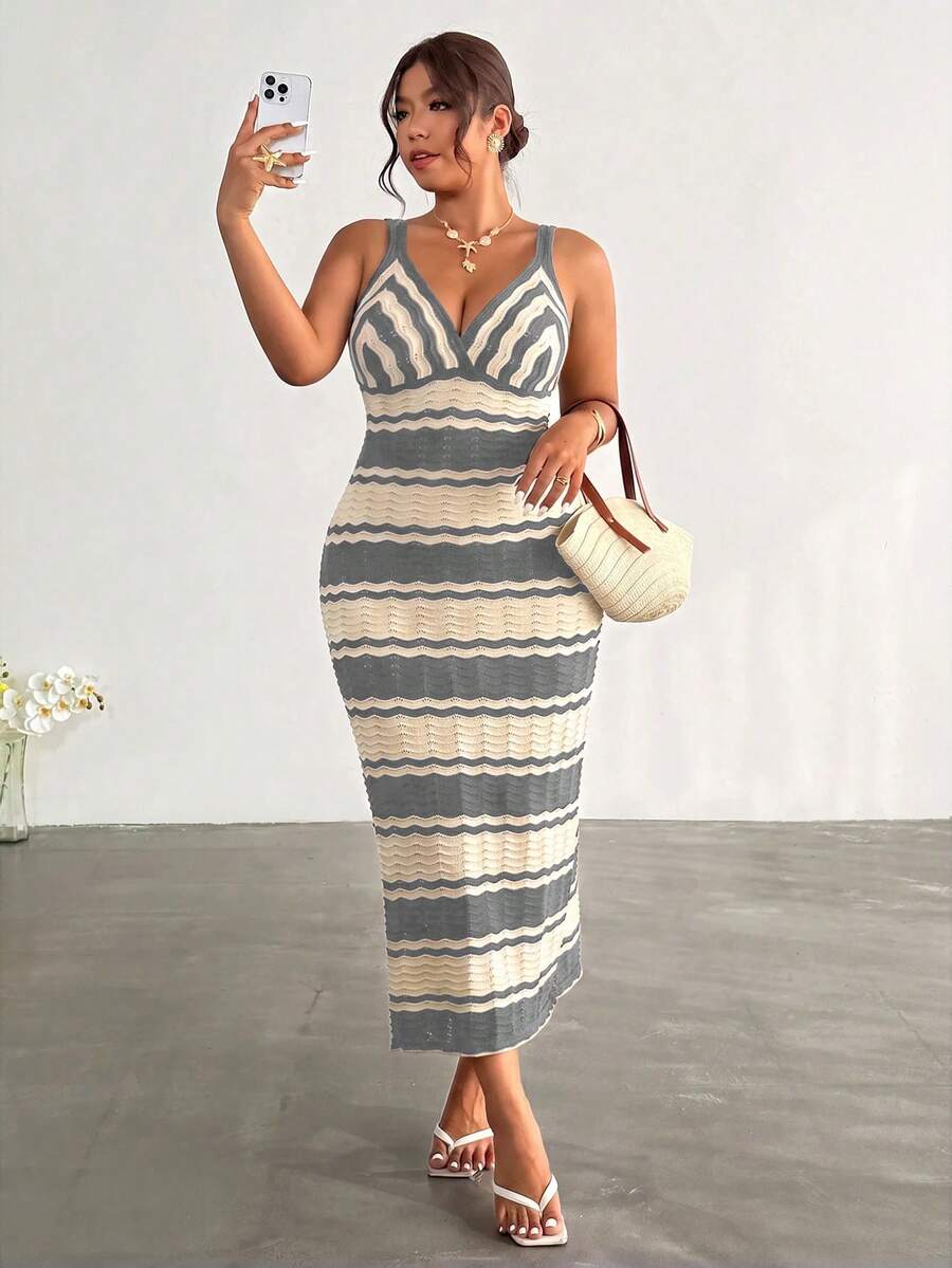 front full view of colorblock striped sleeveless knit midi dress