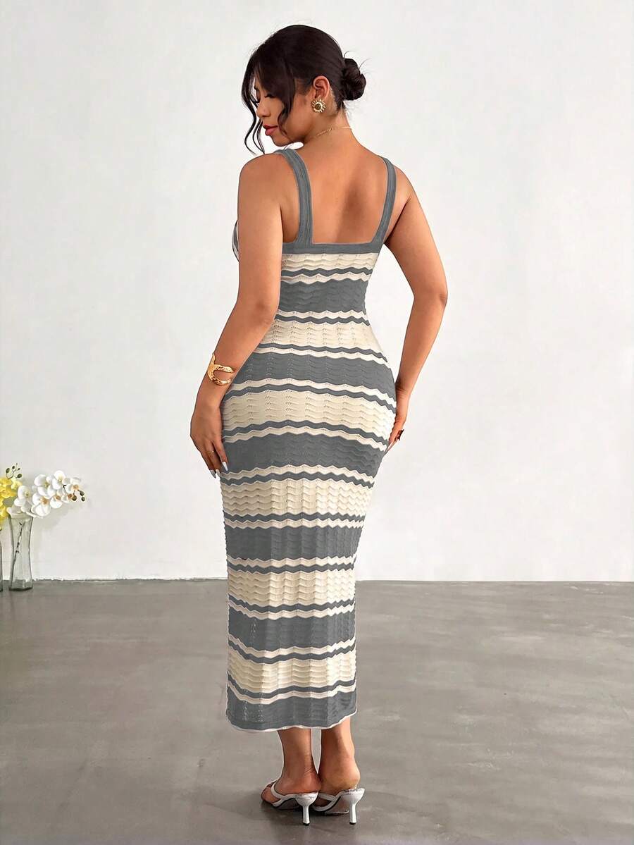 upper front view of colorblock striped sleeveless knit midi dress