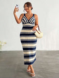 front full view of colorblock striped sleeveless knit midi dress