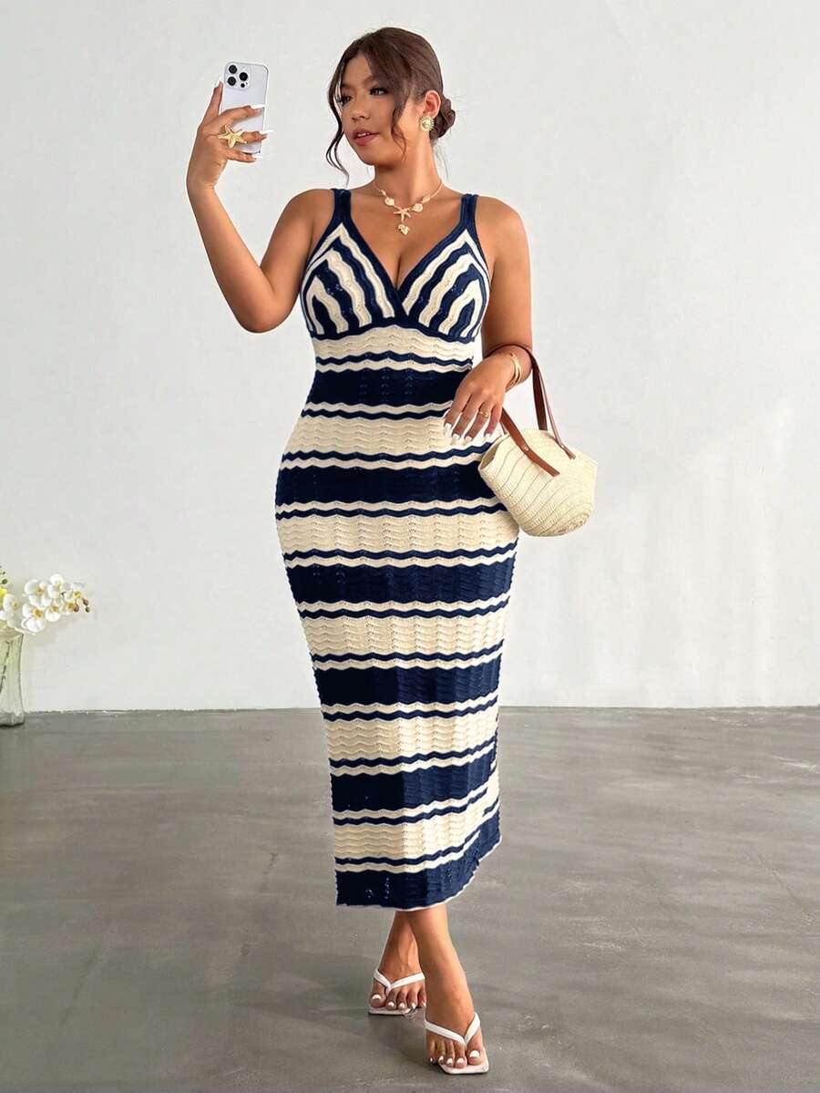 front full view of colorblock striped sleeveless knit midi dress