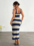 front close view of colorblock striped sleeveless knit midi dress