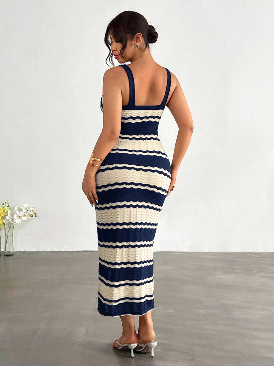 front close view of colorblock striped sleeveless knit midi dress