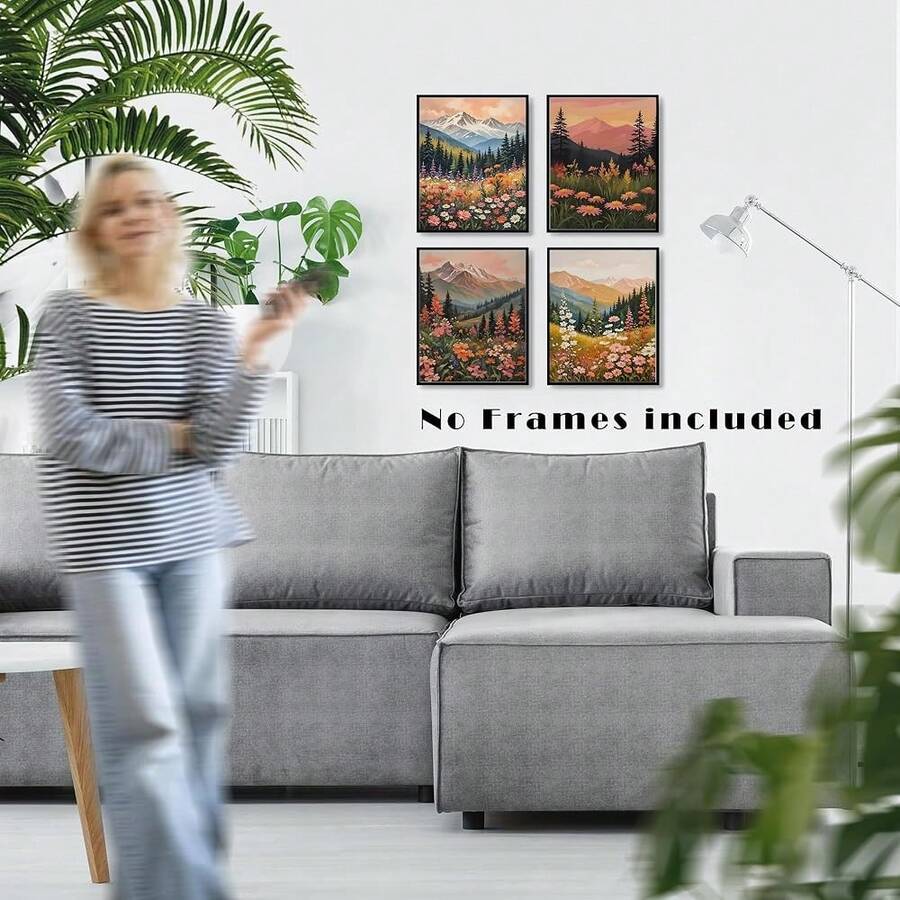 Four vertical painterly mountain meadow prints with alpine peaks, pine trees, and colorful wildflowers on white