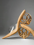 Nude pointed toe mule heels with clear vamp and patterned gold wheel heel
