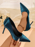 Peacock blue satin-look stiletto pump rear and top view