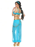 Back view of teal Arabian princess costume with sheer pants and gold hip chain