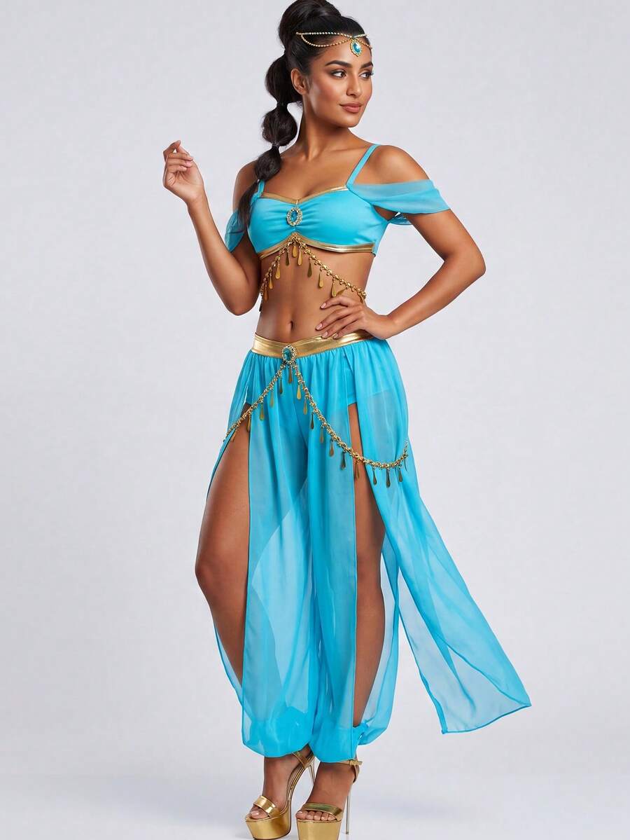Front view of turquoise Arabian princess costume with gold trim and jeweled headband