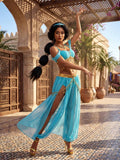 Turquoise and gold princess cosplay outfit shown in ornate courtyard setting