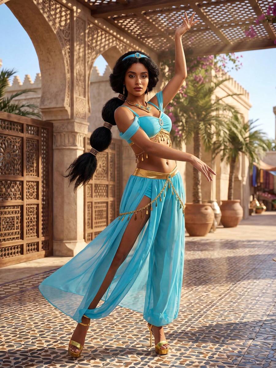 Turquoise and gold princess cosplay outfit shown in ornate courtyard setting