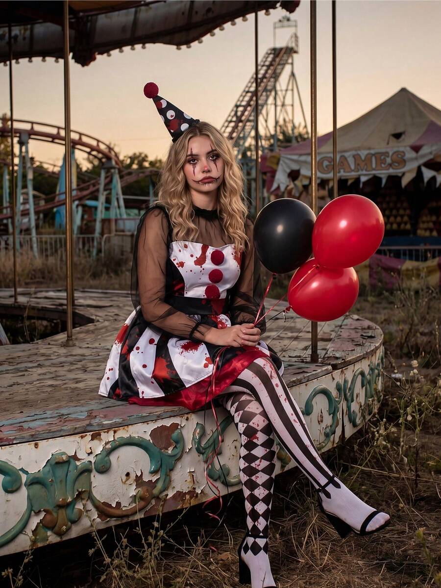 Horror clown cosplay costume in abandoned carnival setting with red black balloons