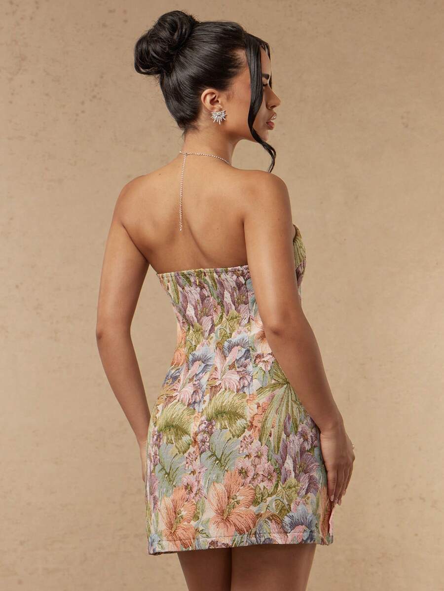 Back view of multicolor floral strapless fitted mini dress
