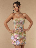 Close front view of strapless floral mini dress with raised flower appliques