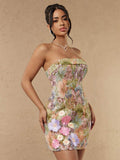 Angled front view of colorful fitted floral jacquard mini dress