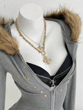 Front view of grey corset zip-up hoodie with faux-fur trim and gold studs