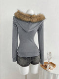Back view of grey fitted hoodie with brown faux-fur trimmed hood