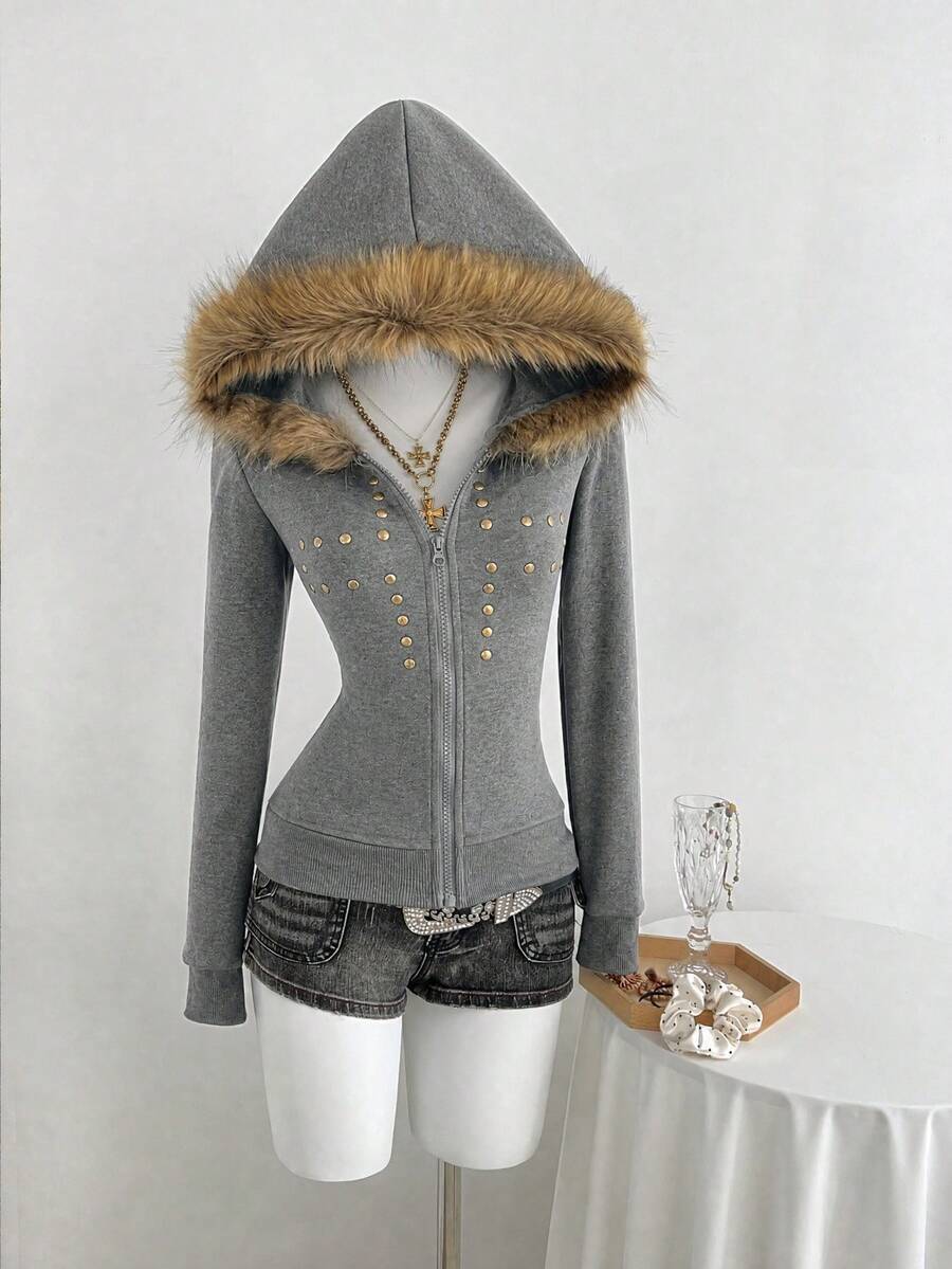 Front view of grey gothic zip-up hoodie with faux-fur hood and gold stud details