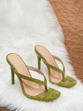 Product view of olive green square toe thong stiletto mule sandals