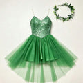 Full view of green fairy costume dress with sparkling corset bodice and irregular tulle hem