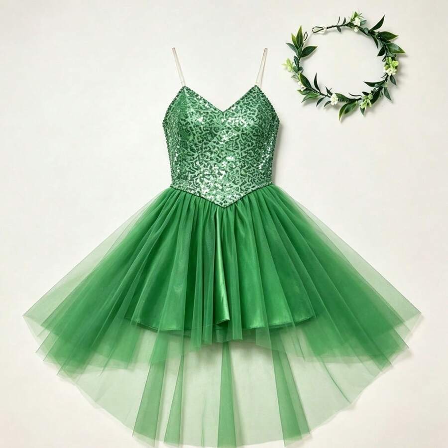 Full view of green fairy costume dress with sparkling corset bodice and irregular tulle hem