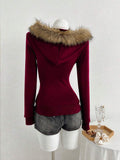 Back view of burgundy velour fitted hoodie with tan faux-fur hood trim